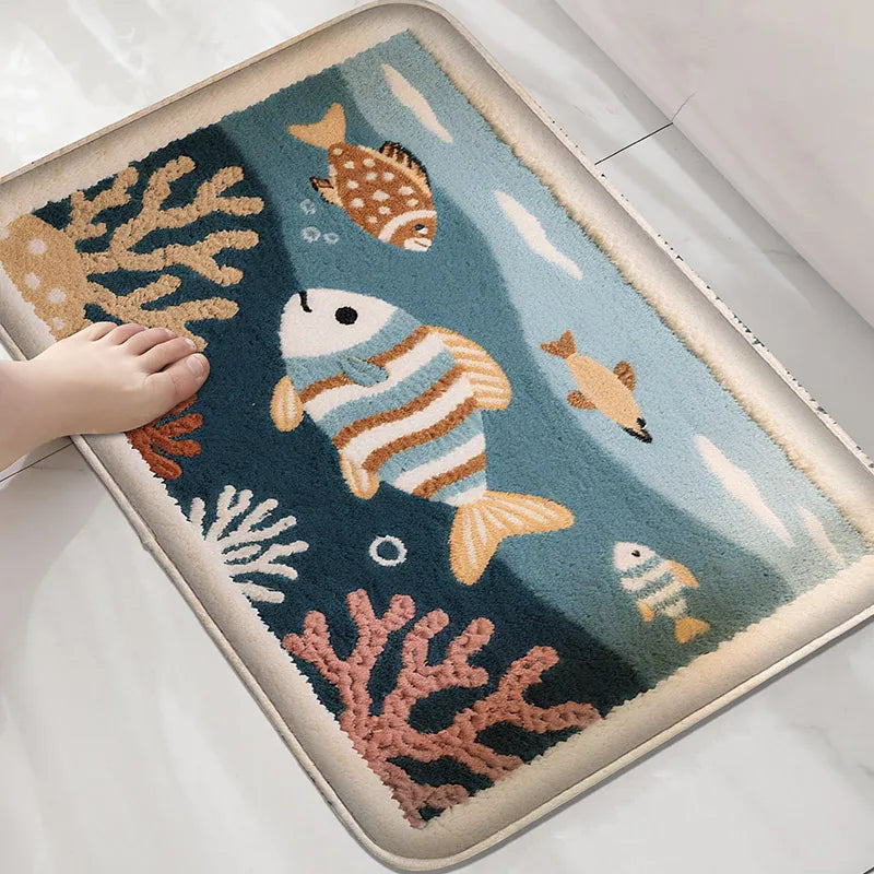 Underwater Fish Bath Mat - Absorbent & Non-Slip Shower Floor Rug for Modern Bathrooms