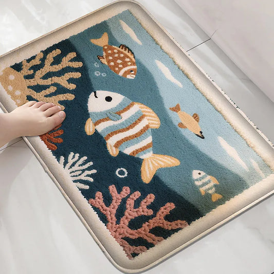 Underwater Fish Bath Mat - Absorbent & Non-Slip Shower Floor Rug for Modern Bathrooms