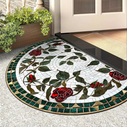 Floral Semi-Circular Doormat - Decorative & Durable Outdoor/Indoor Entrance Rug