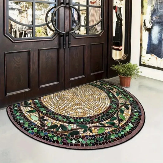 Mosaic Half-Round Rug - Golden Spiral & Leaf Border, Non-Slip Art Deco Mat