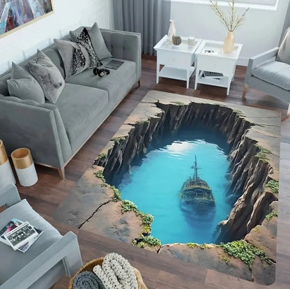 3D Illusion Area Rug - Large Huge Living Room Carpet with Cracked Floor & Tunnel Design