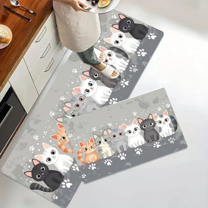 Cute Kitten Kitchen Mat - Absorbent & Non-Slip Floor Pad with Paw Print Design