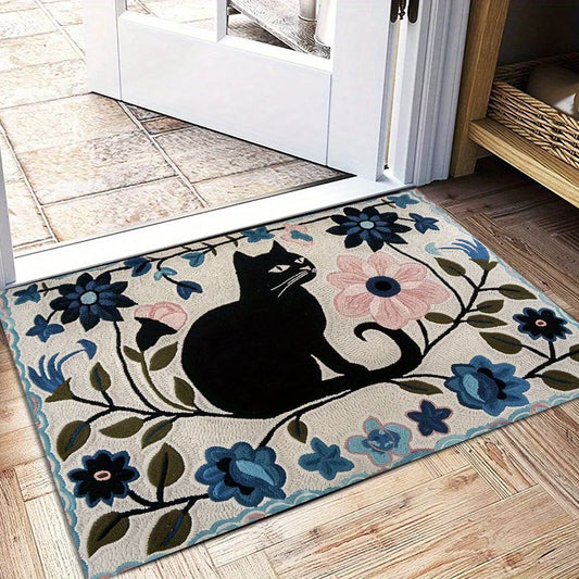 Black Cat Floral Floor Mat - Cute Pet Themed Rug for Bedroom & Children's Room