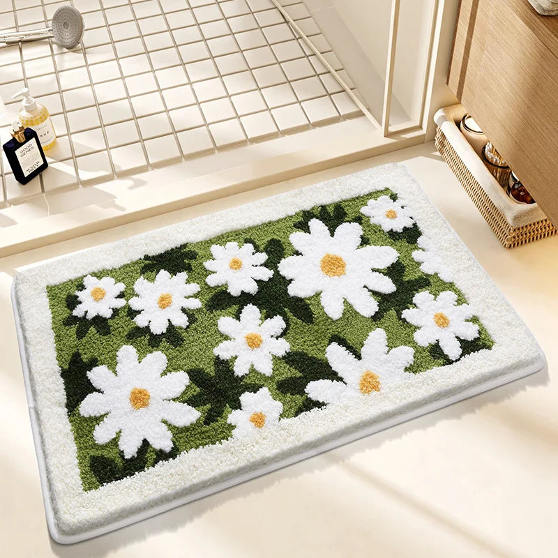 Floral Faux Cashmere Bath Mat - Ultra Absorbent, Quick-Dry & Non-Slip Bathroom Rug