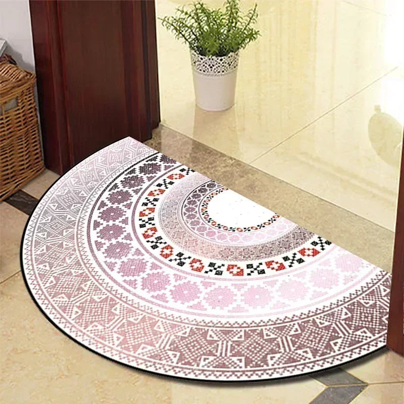 European Retro Half-Moon Doormat - Semi-Circular Entrance Rug for Living Room