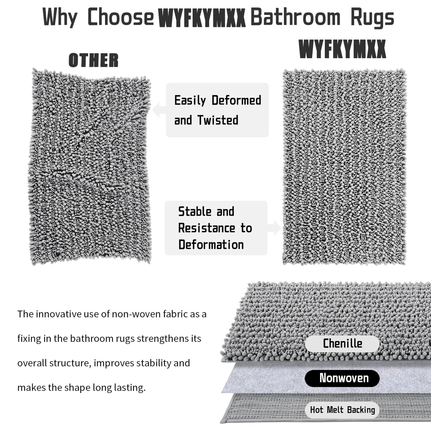 Gray Chenille Bath Mat - Super Soft & Absorbent Plush Rug for Bathroom and Kitchen