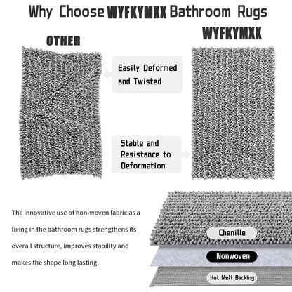 Gray Chenille Bath Mat - Super Soft & Absorbent Plush Rug for Bathroom and Kitchen