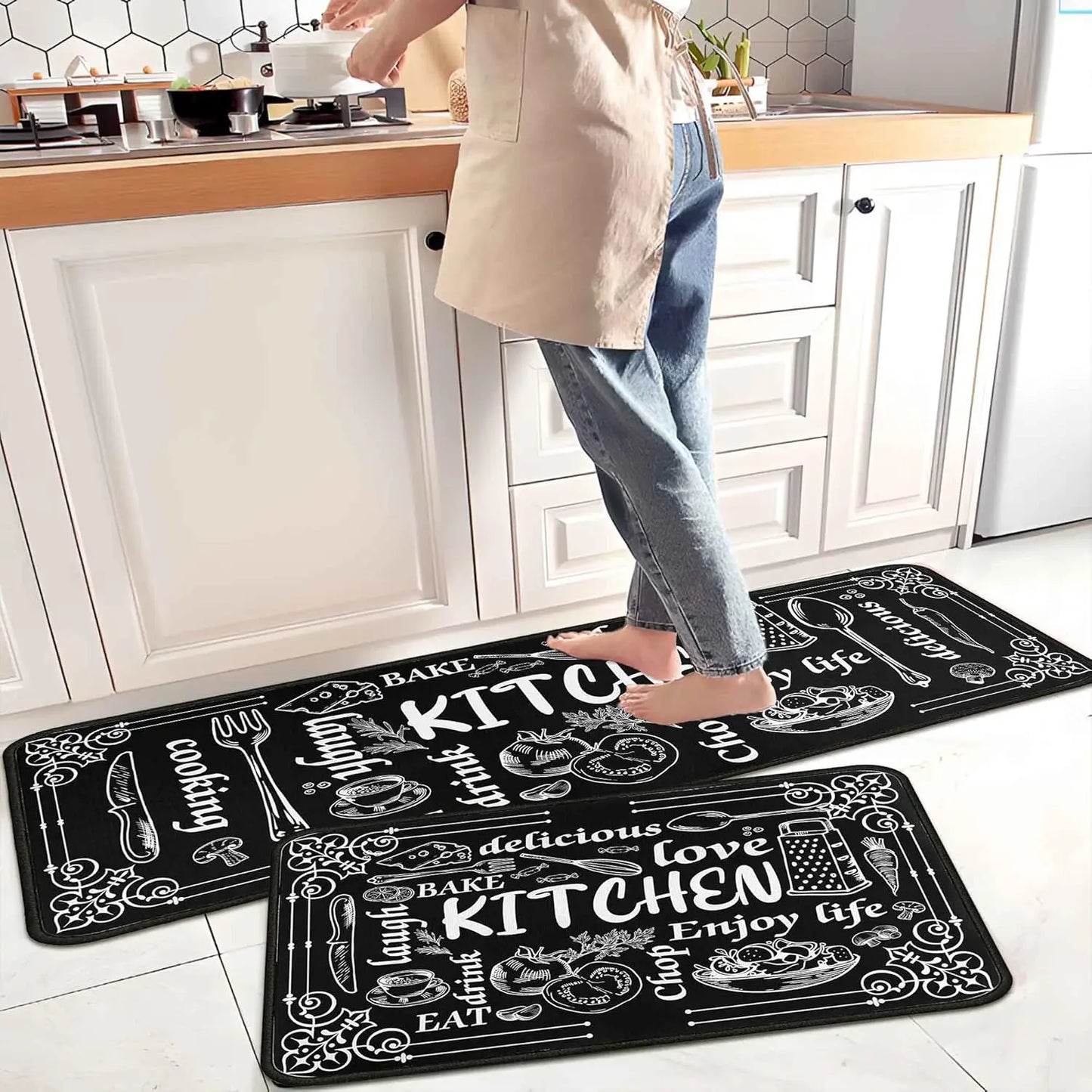 2-Pack Kitchen Rugs and Mats, Non-Slip Washable Floor Mat Set, Stain Resistant Coffee Brown Rugs, Kitchen Sink & Stove Mats