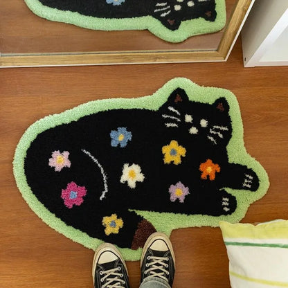 Cute Cat Floor Mat, Soft Furry Bedside Rug, Plush Kids Room Carpet, Non-Slip Nursery Mat, Cat Themed Bedroom Decor