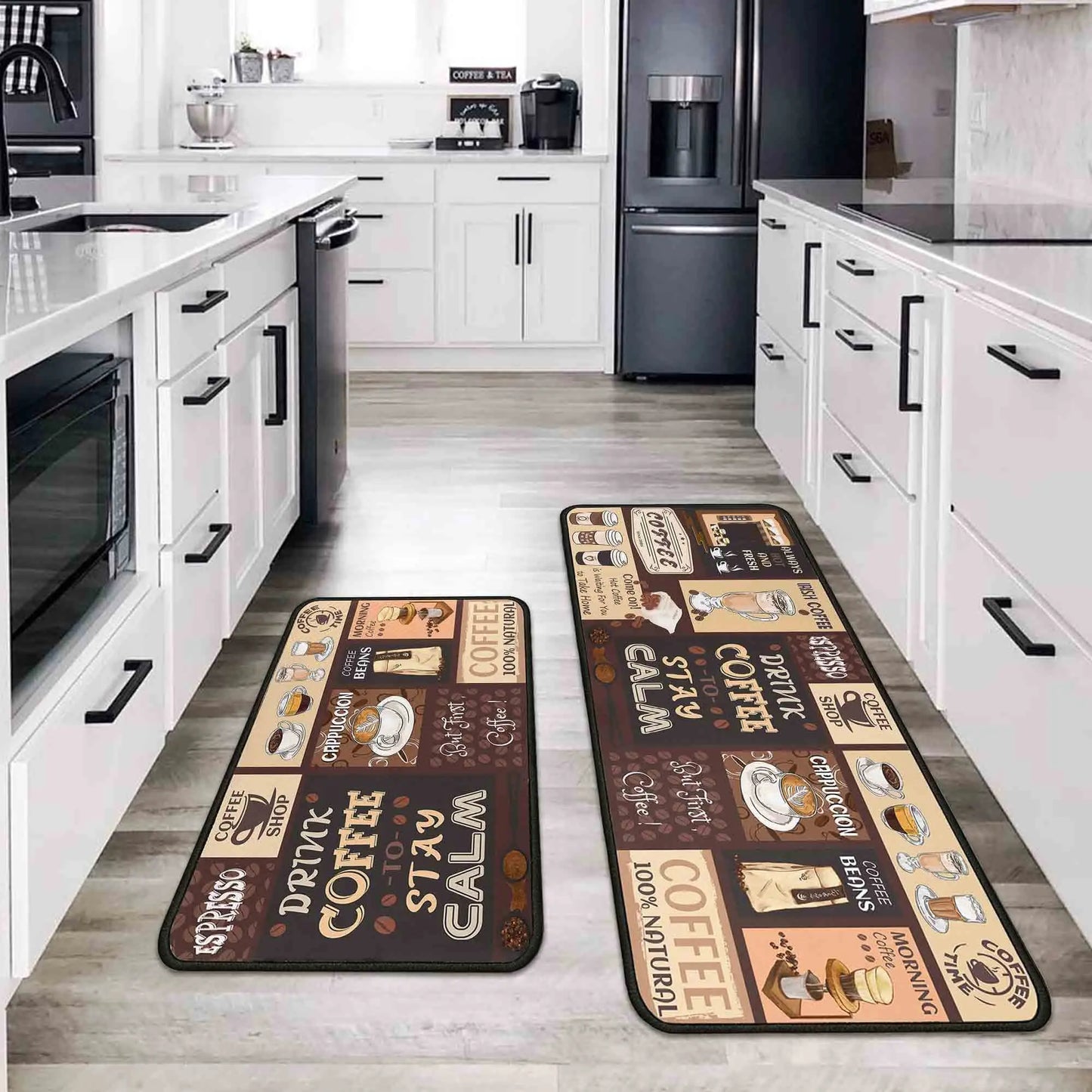 2-Pack Kitchen Rugs and Mats, Non-Slip Washable Floor Mat Set, Stain Resistant Coffee Brown Rugs, Kitchen Sink & Stove Mats