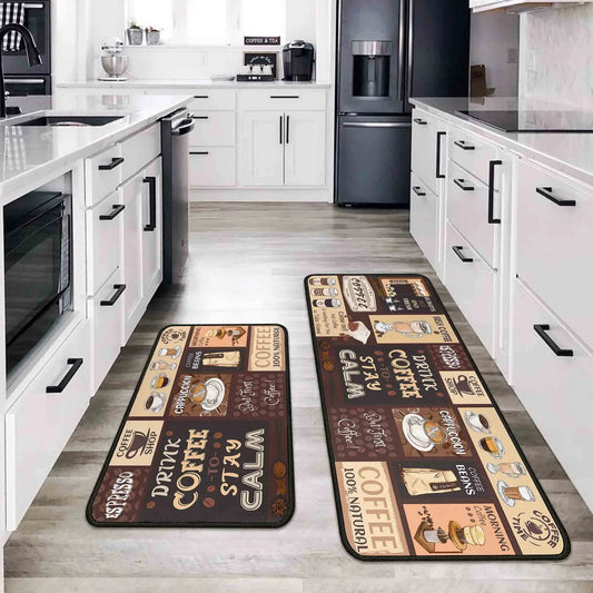 2-Pack Kitchen Rugs and Mats, Non-Slip Washable Floor Mat Set, Stain Resistant Coffee Brown Rugs, Kitchen Sink & Stove Mats