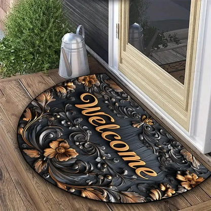 Boho Floral Half-Moon Doormat - Non-Slip & Washable for Indoor/Outdoor Entry