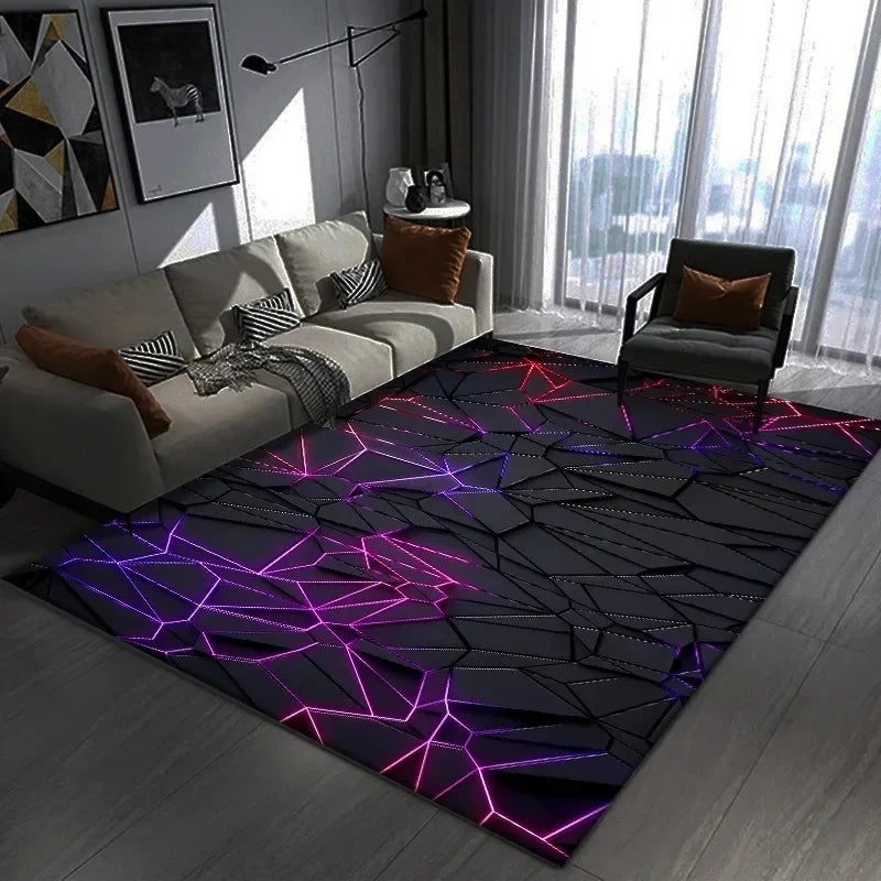3D Geometric Gamer Rug - Large Dark Themed Carpet for Gaming Room & Bedroom Decor