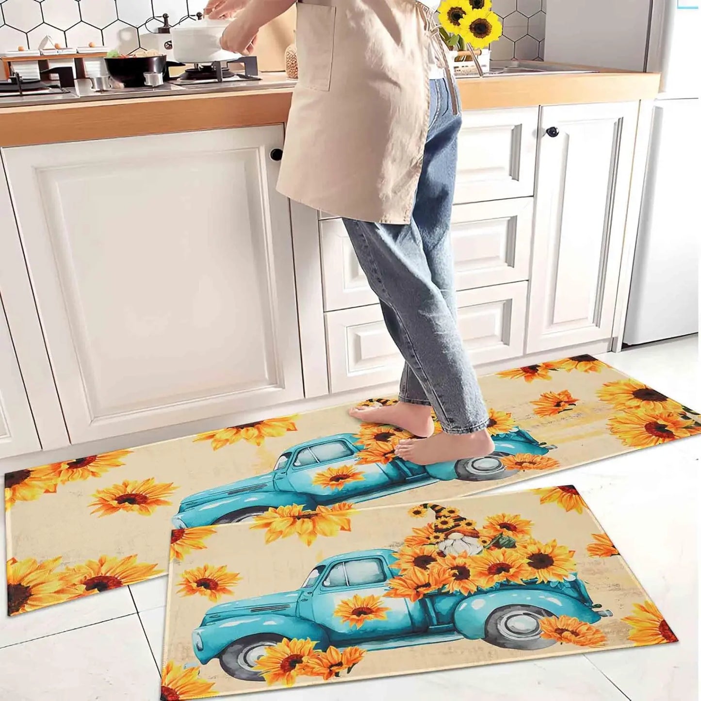 2-Pack Kitchen Rugs and Mats, Non-Slip Washable Floor Mat Set, Stain Resistant Coffee Brown Rugs, Kitchen Sink & Stove Mats