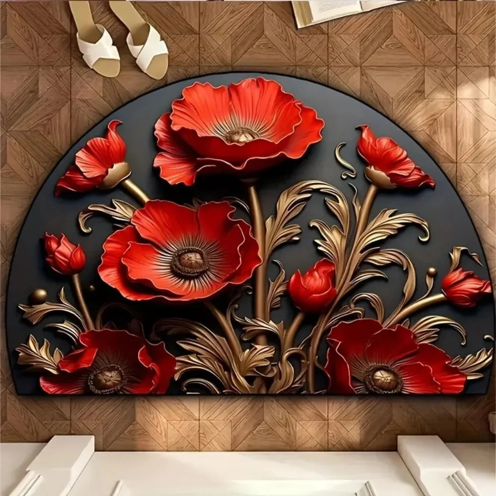 Boho Floral Half-Moon Doormat - Non-Slip & Washable for Indoor/Outdoor Entry