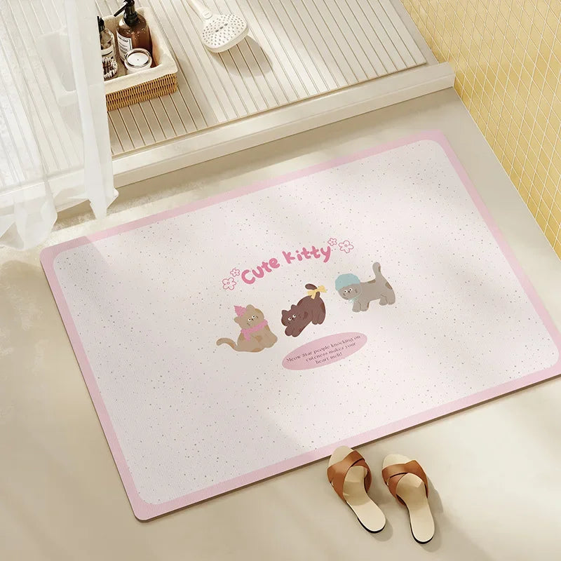 Diatomite Bath Mat, Absorbent Non-Slip Floor Mat, Quick Dry Kitchen & Entryway Rug, Cartoon Design Waterproof Doormat