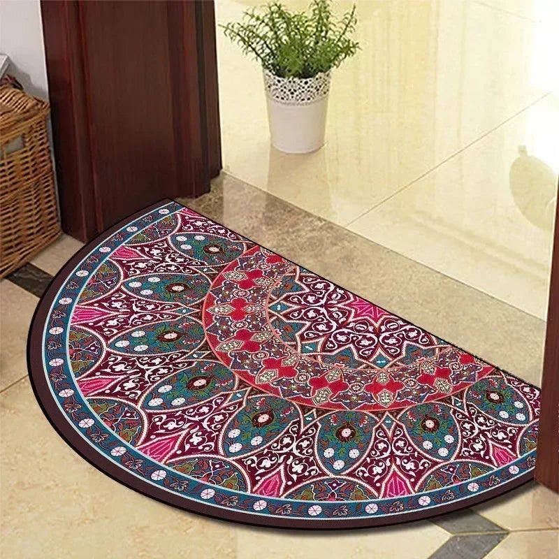 European Retro Half-Moon Doormat - Semi-Circular Entrance Rug for Living Room