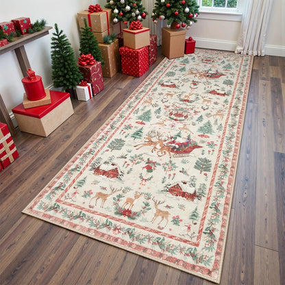 Christmas Red Runner Mat - Festive Hallway & Kitchen Rug, Machine Washable
