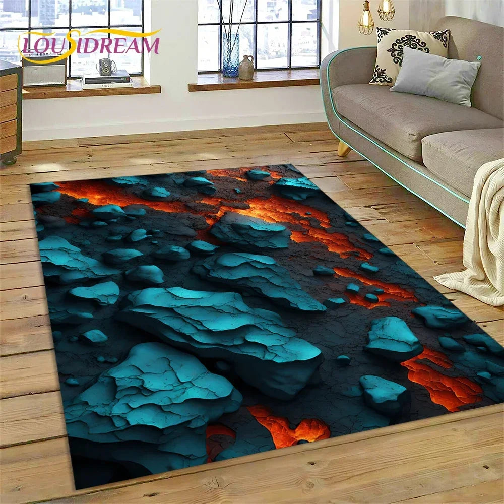 3D Volcano Rug for Kids Room - Lava Magma Themed Play Mat, Non-Slip Large Area Carpet
