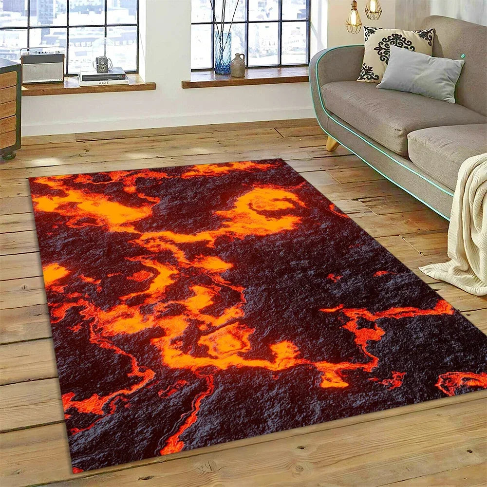 3D Volcano Rug for Kids Room - Lava Magma Themed Play Mat, Non-Slip Large Area Carpet