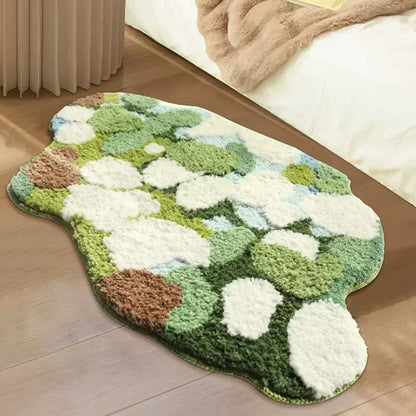 Nordic 3D Moss Rug, Artificial Lawn Carpet for Bedroom, Green Forest Irregular Floor Mat, Chic Living Room Decor, Modern Bedside Area Rug