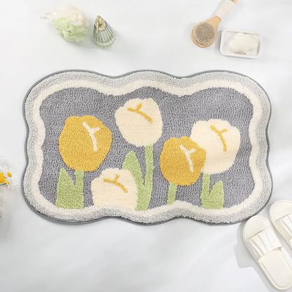 Small Floral Bath Mat - Plush Faux Cashmere, Absorbent & Non-Slip Rug