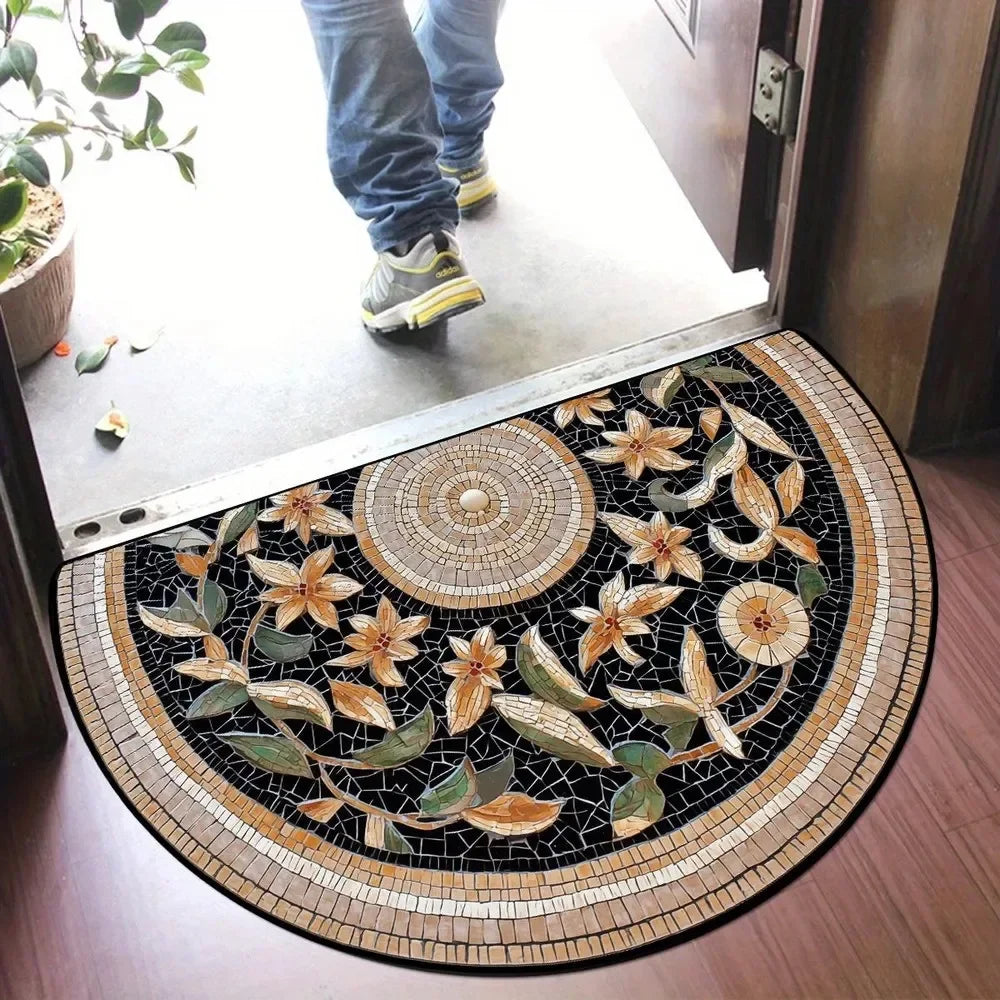 Boho Floral Half-Moon Doormat - Non-Slip & Washable for Indoor/Outdoor Entry