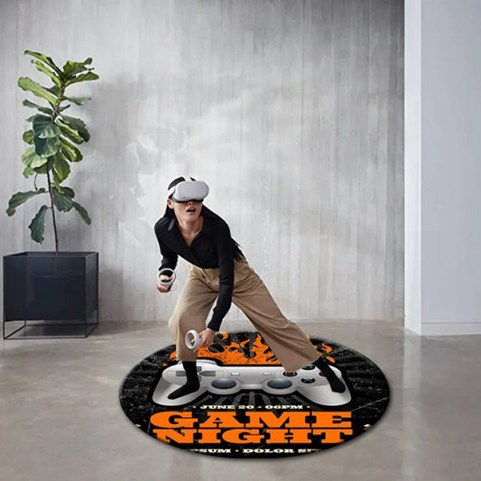 Round VR Game Theme Rug - Loop Pile, Washable & Stain-Resistant Gaming Carpet