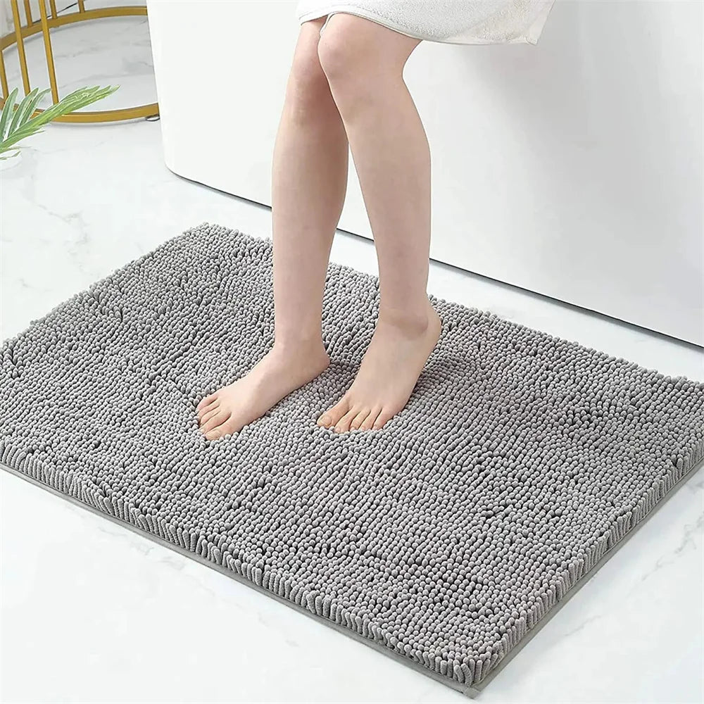 Gray Chenille Bath Mat - Super Soft & Absorbent Plush Rug for Bathroom and Kitchen