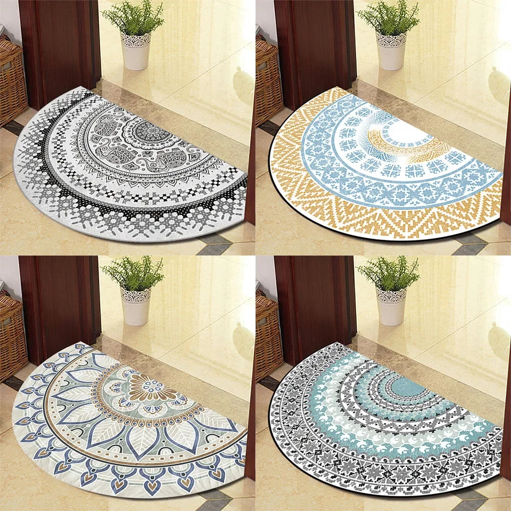 European Retro Half-Moon Doormat - Semi-Circular Entrance Rug for Living Room