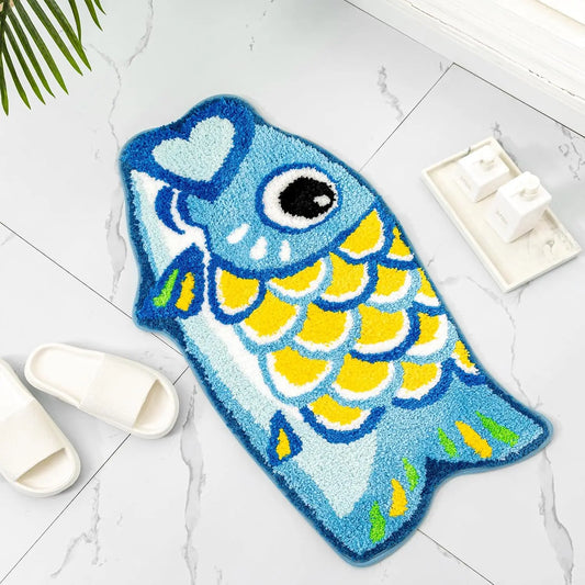 Koi Fish Kids Bath Mat - Cute Cartoon, Non-Slip & Washable Shower Rug
