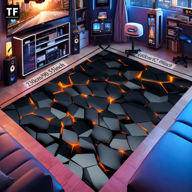 Cyberpunk Honeycomb Gamer Rug - Large Fragmented Pattern Floor Mat for Gaming Room