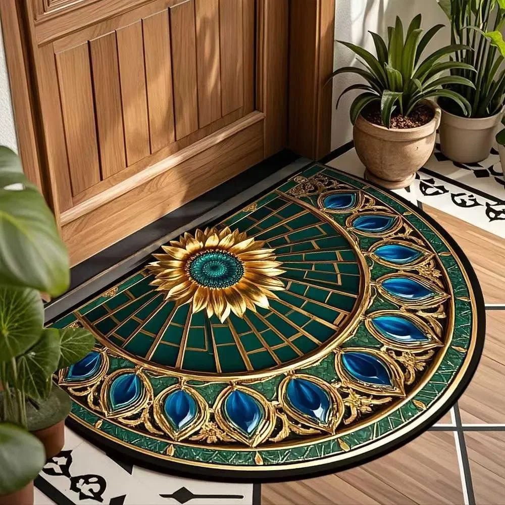 Boho Floral Half-Moon Doormat - Non-Slip & Washable for Indoor/Outdoor Entry