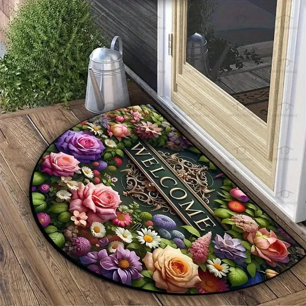 Boho Floral Half-Moon Doormat - Non-Slip & Washable for Indoor/Outdoor Entry