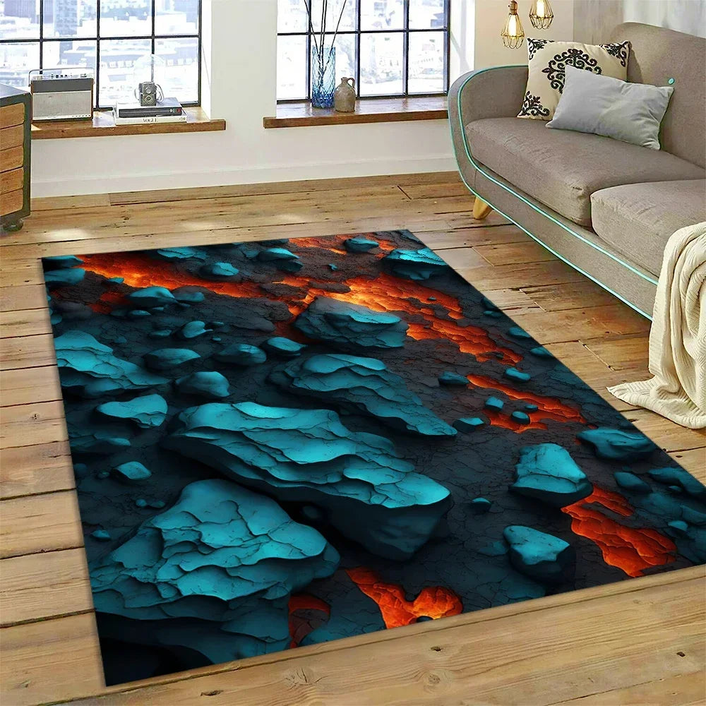 3D Volcano Rug for Kids Room - Lava Magma Themed Play Mat, Non-Slip Large Area Carpet