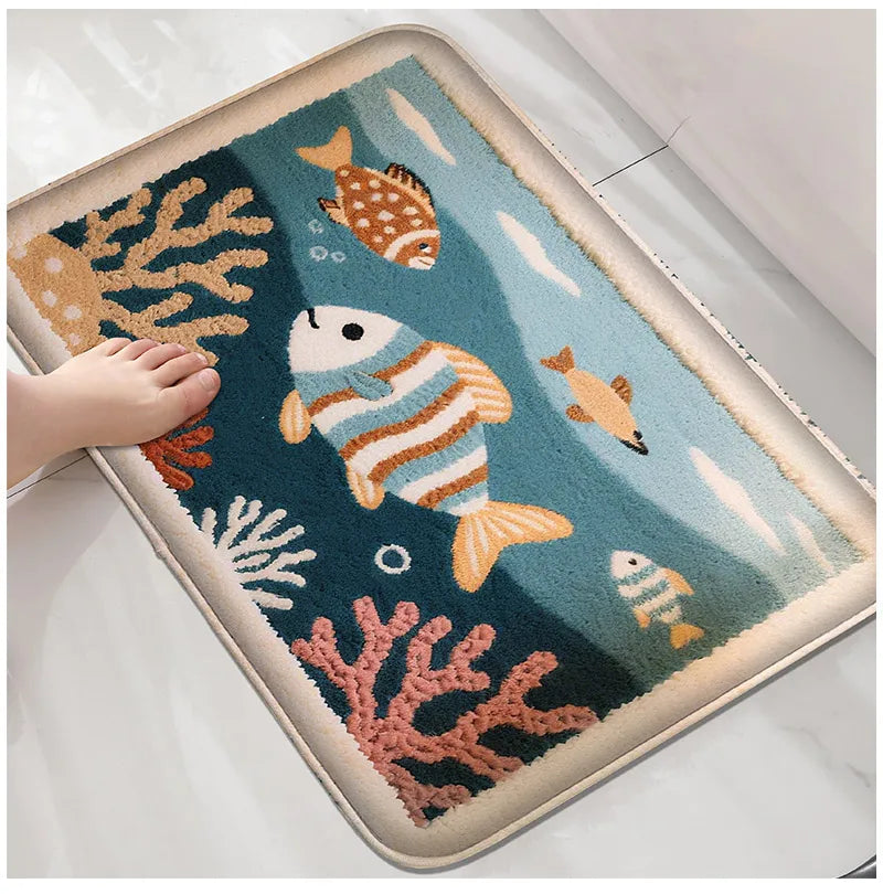Underwater Fish Bath Mat - Absorbent & Non-Slip Shower Floor Rug for Modern Bathrooms