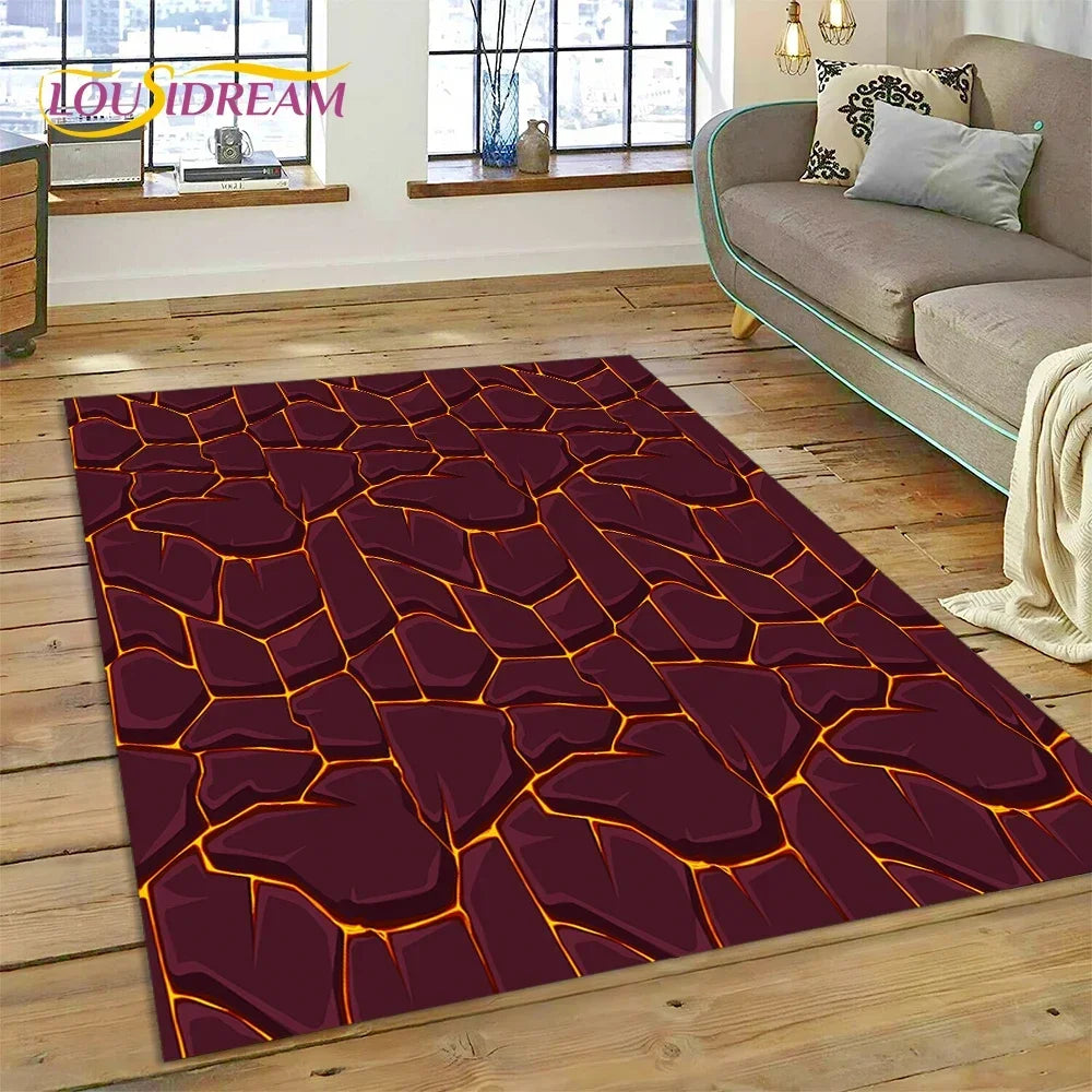 3D Volcano Rug for Kids Room - Lava Magma Themed Play Mat, Non-Slip Large Area Carpet