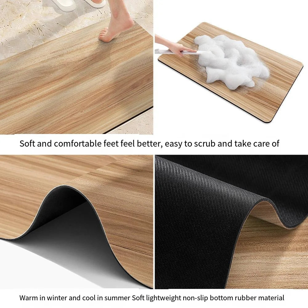 Black Wood Grain Bath Mat - Quick-Dry, Absorbent & Non-Slip Diatomite Rug