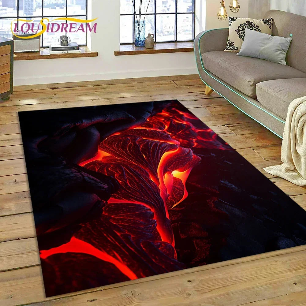 3D Volcano Rug for Kids Room - Lava Magma Themed Play Mat, Non-Slip Large Area Carpet