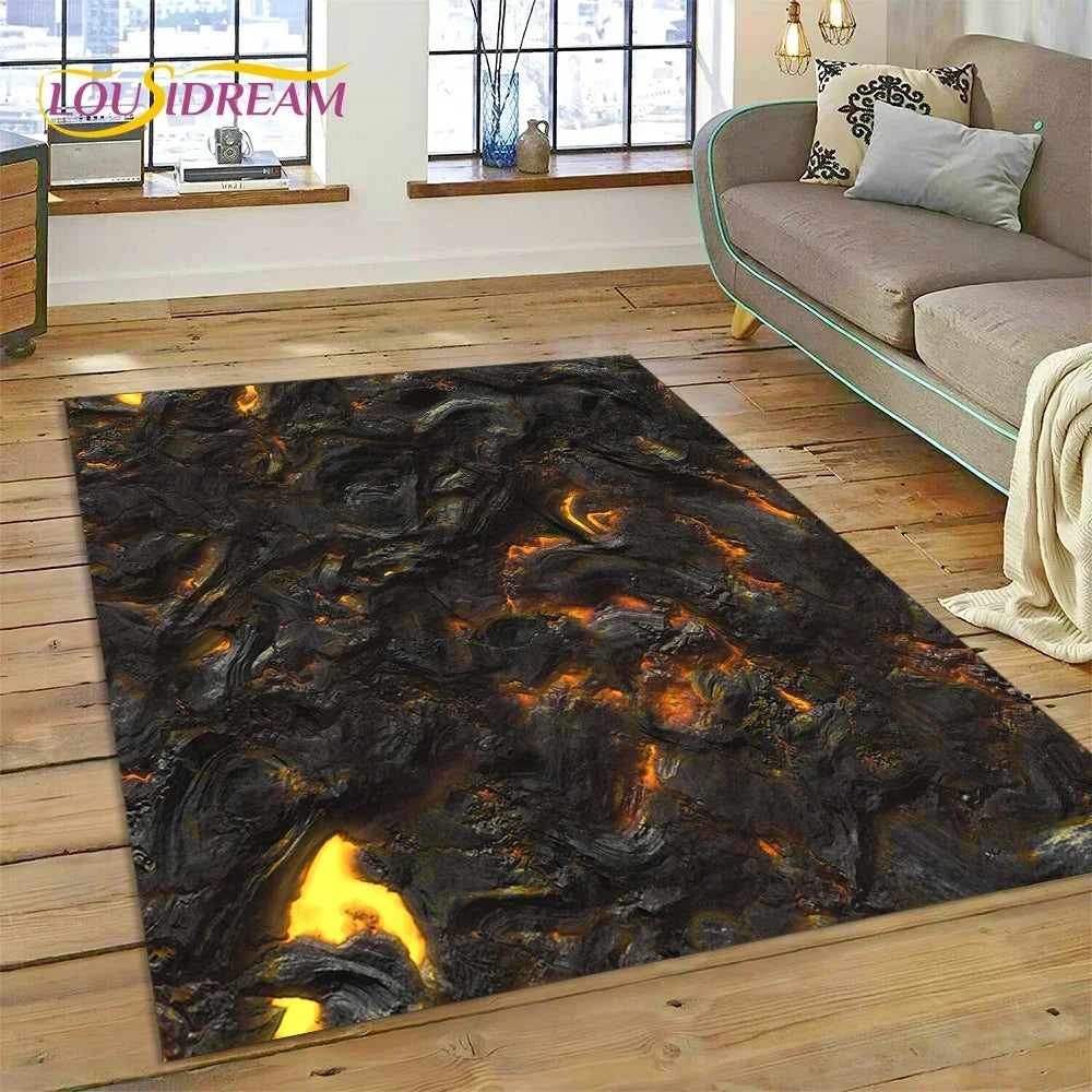 3D Volcano Rug for Kids Room - Lava Magma Themed Play Mat, Non-Slip Large Area Carpet