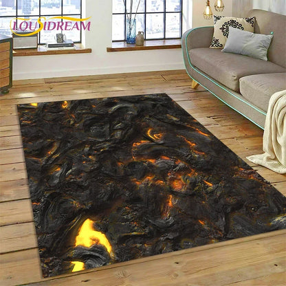 3D Volcano Rug for Kids Room - Lava Magma Themed Play Mat, Non-Slip Large Area Carpet