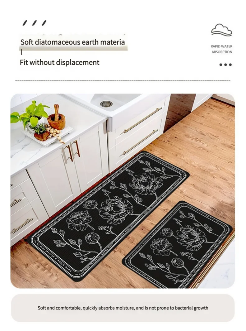Diatom Mud Kitchen Mat 2-Piece Set, Non-Slip Absorbent Runner, Oil Resistant Easy Clean Floor Mats, Long Strip Rug