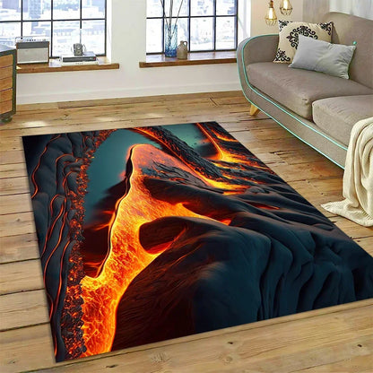 3D Volcano Rug for Kids Room - Lava Magma Themed Play Mat, Non-Slip Large Area Carpet