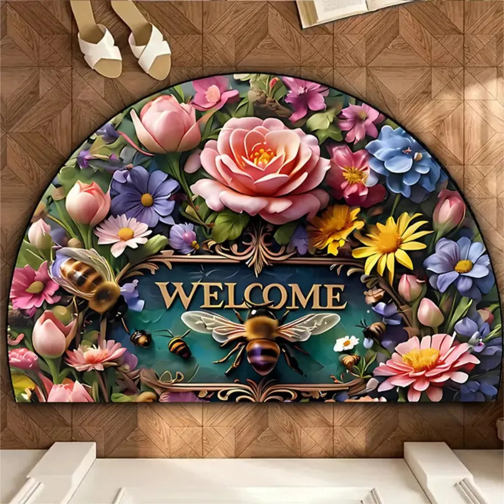 Boho Floral Half-Moon Doormat - Non-Slip & Washable for Indoor/Outdoor Entry