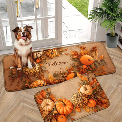 Autumn Pumpkin Doormat 2-Pack - Soft & Non-Slip Fall Welcome Mats for Porch & Entryway