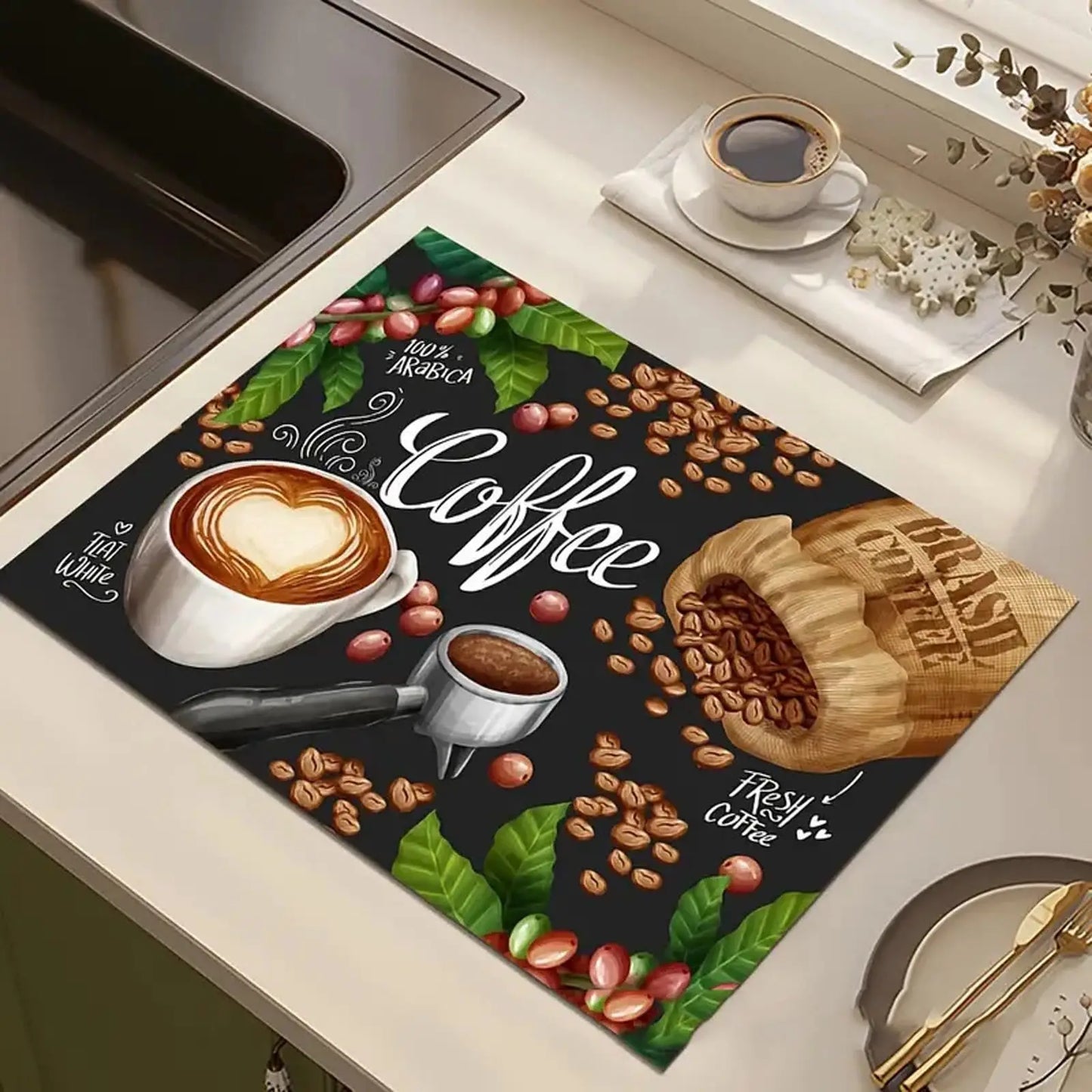 Rubber-Backed Dish Drying Mat - Absorbent & Machine Washable for Coffee Bar & Sink