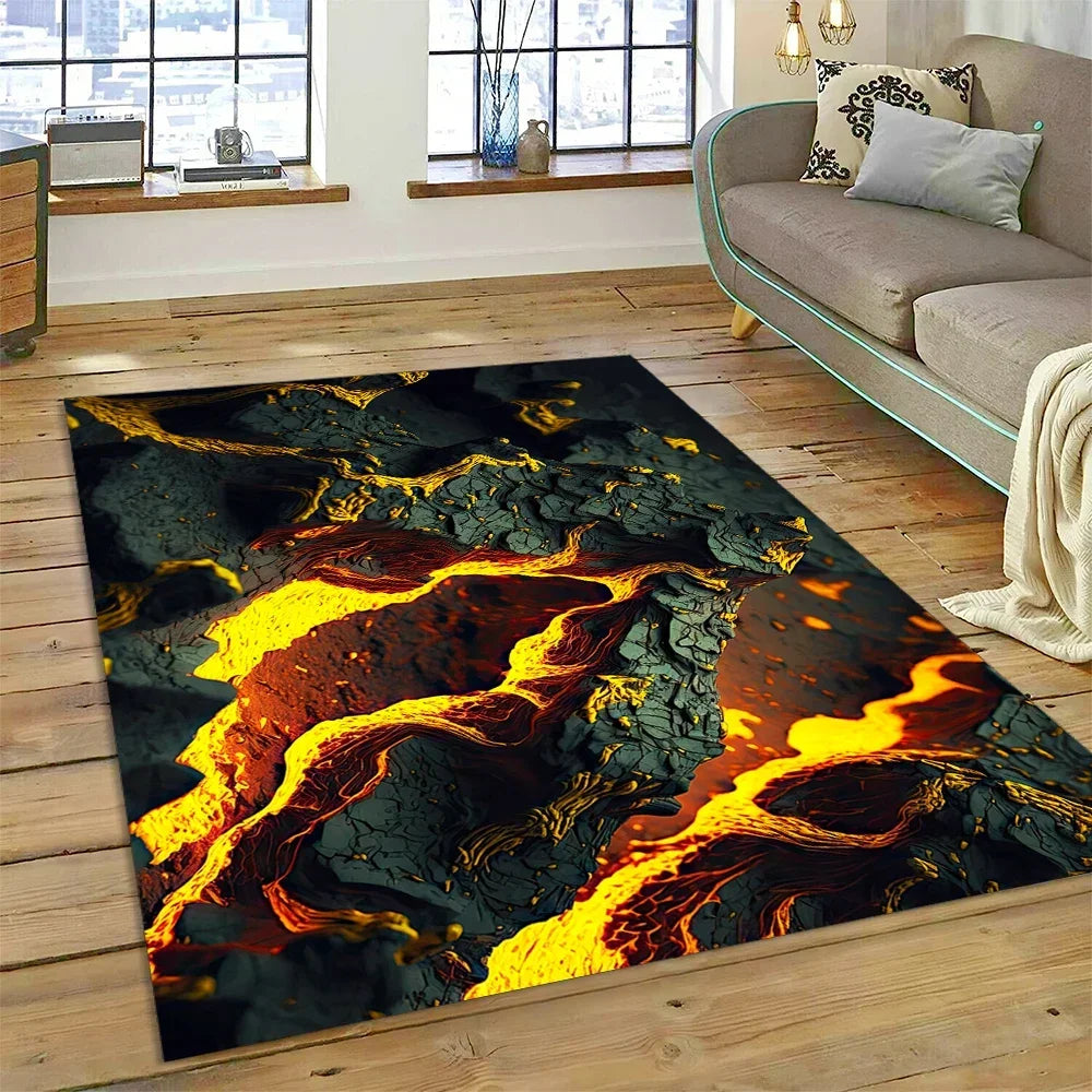 3D Volcano Rug for Kids Room - Lava Magma Themed Play Mat, Non-Slip Large Area Carpet
