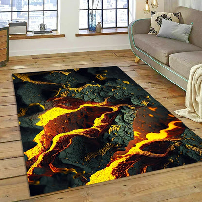 3D Volcano Rug for Kids Room - Lava Magma Themed Play Mat, Non-Slip Large Area Carpet