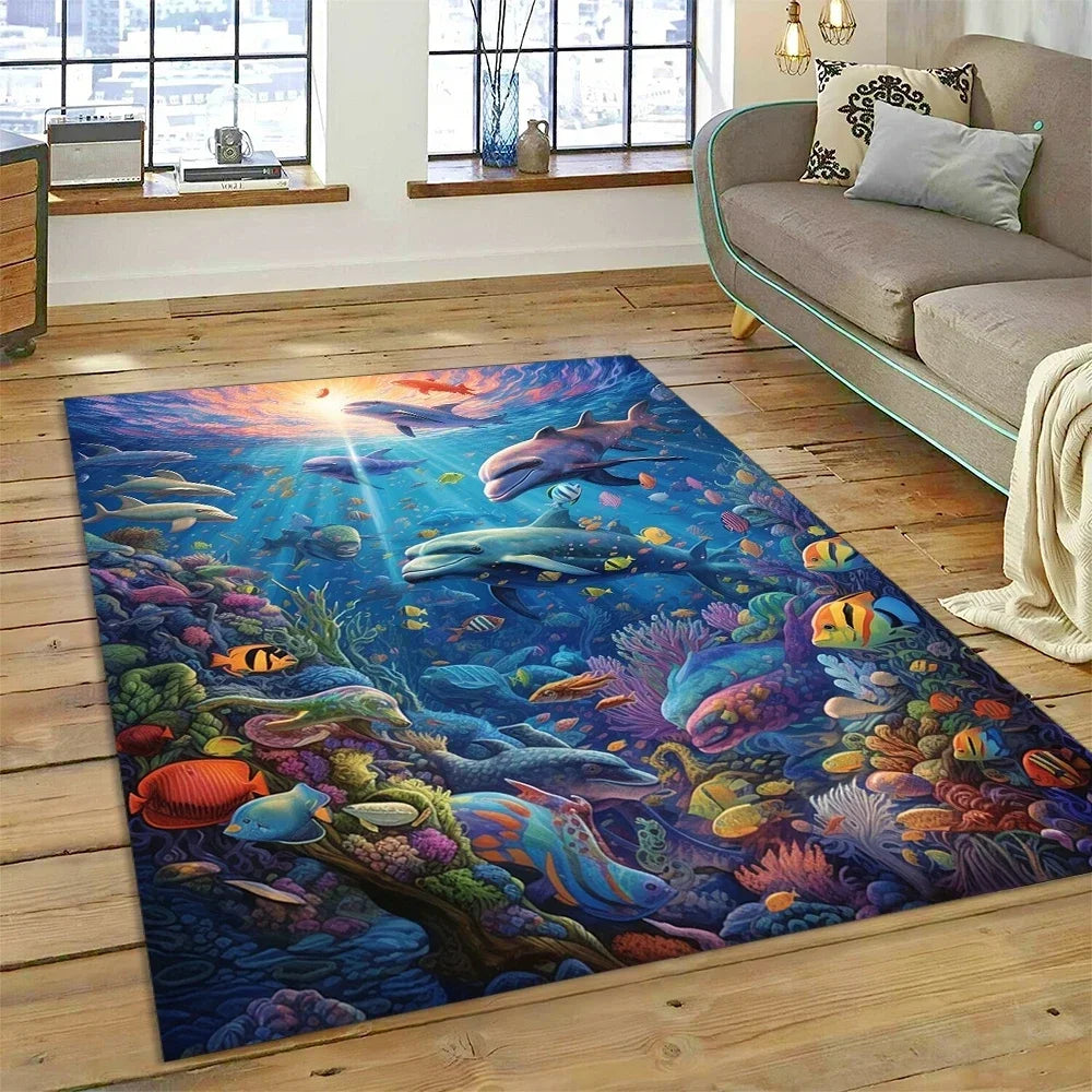 3D Dolphin Area Rug for Kids Room | Underwater World Theme | Non-Slip Playmat