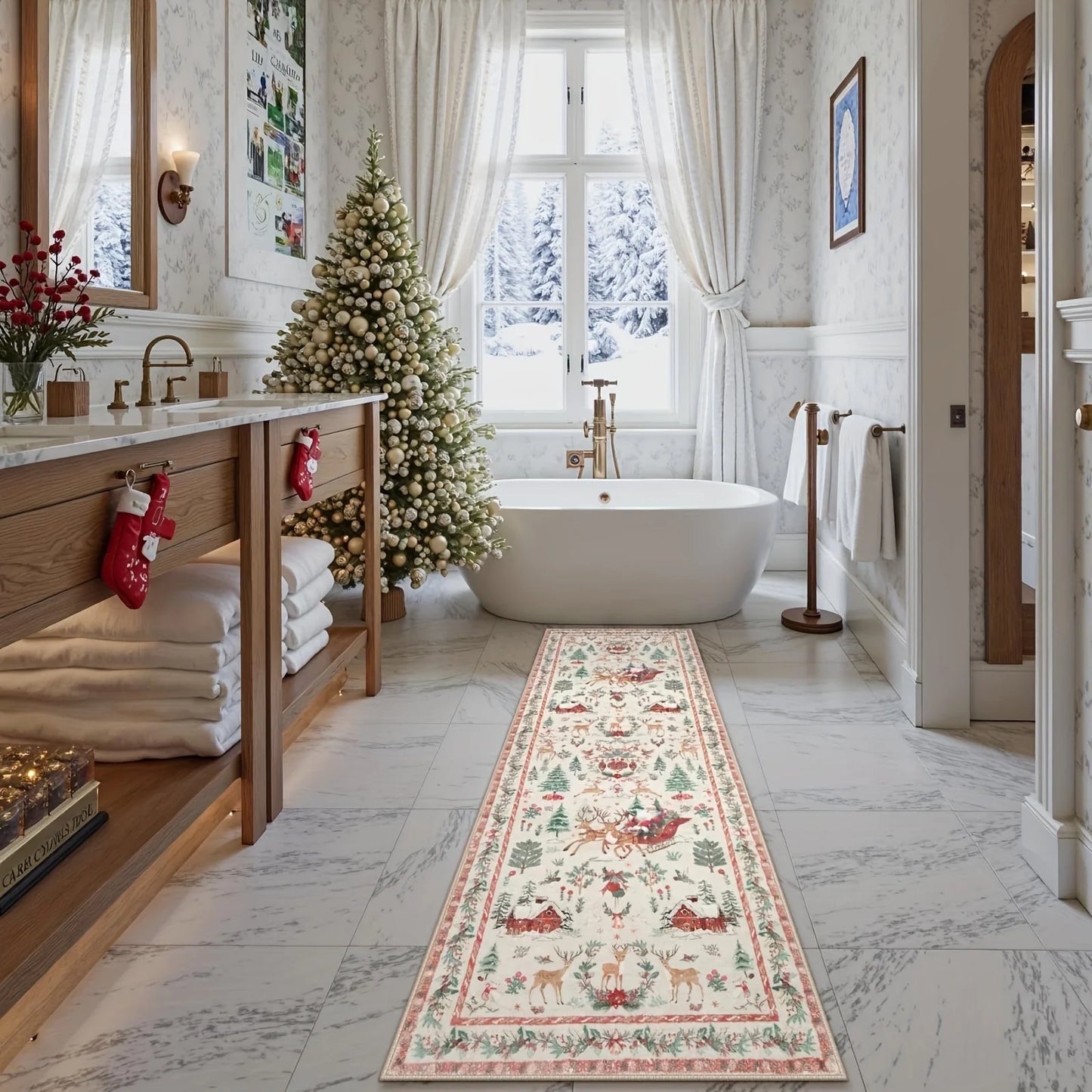 Christmas Red Runner Mat - Festive Hallway & Kitchen Rug, Machine Washable
